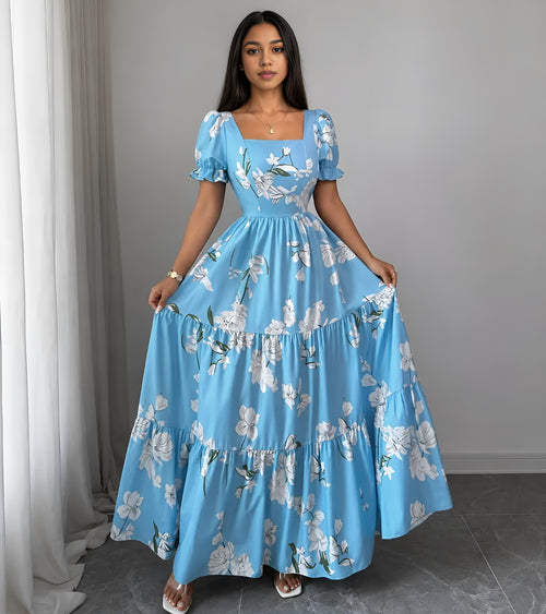 Vixella Blauwe Bloemen Maxi Jurk