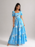 Vixella Blauwe Bloemen Maxi Jurk