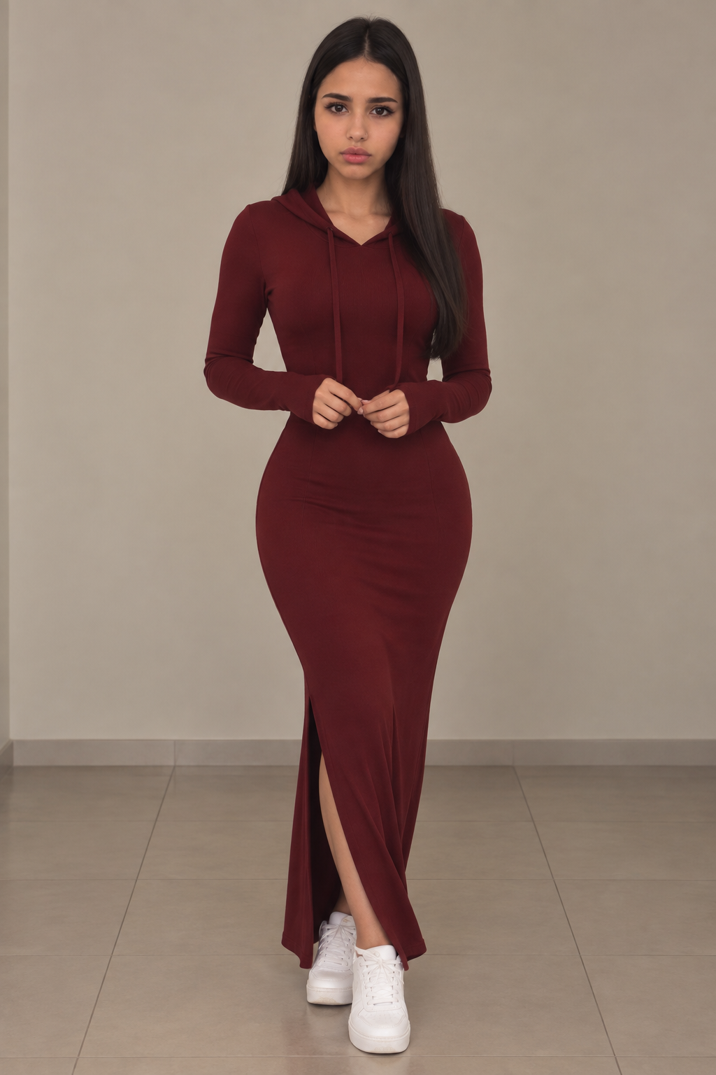 Vixella Bordaux Rood Hooded Maxi Dress